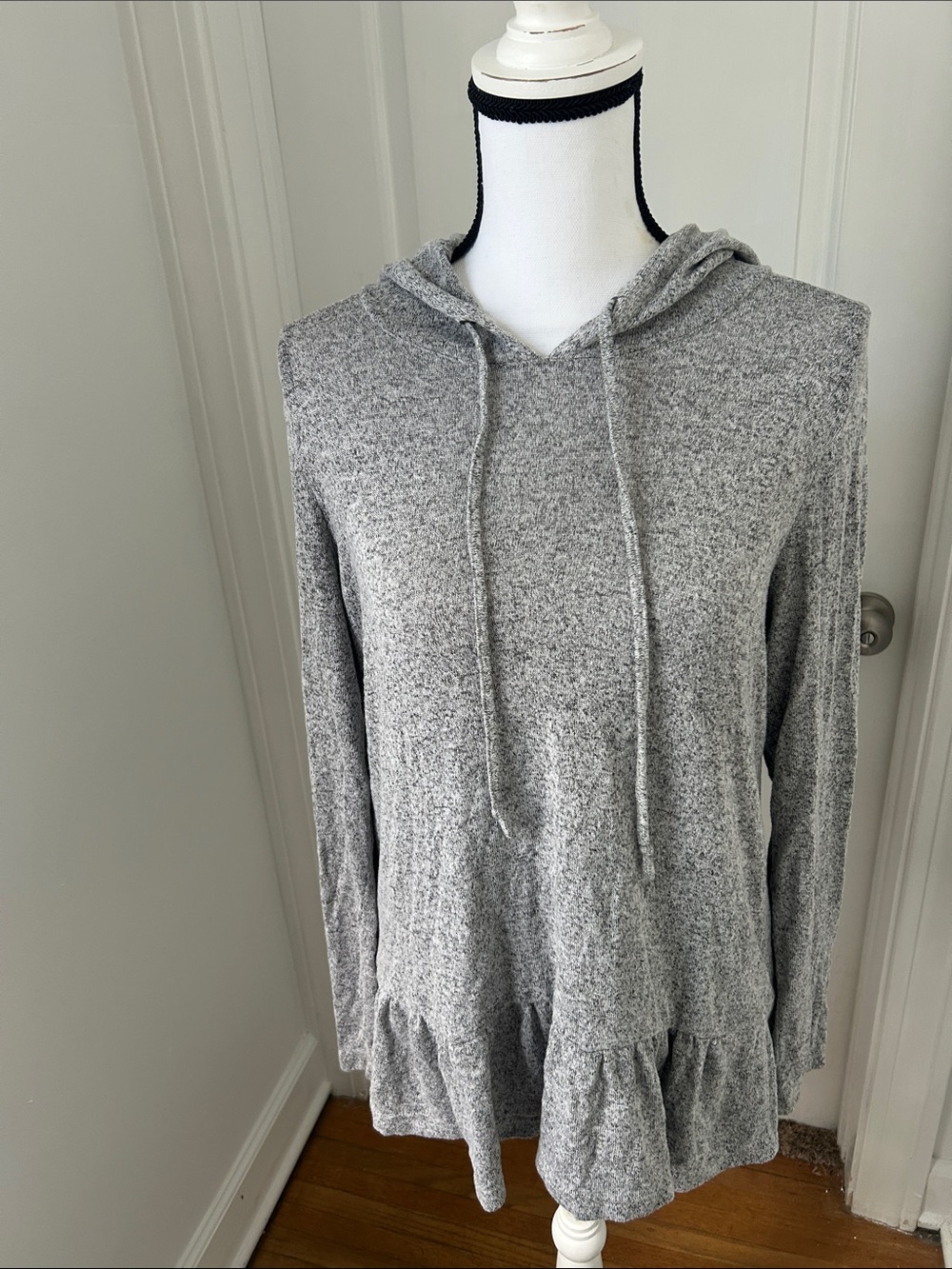 Cozy Gray Hooded Ruffle Hem Pullover Top